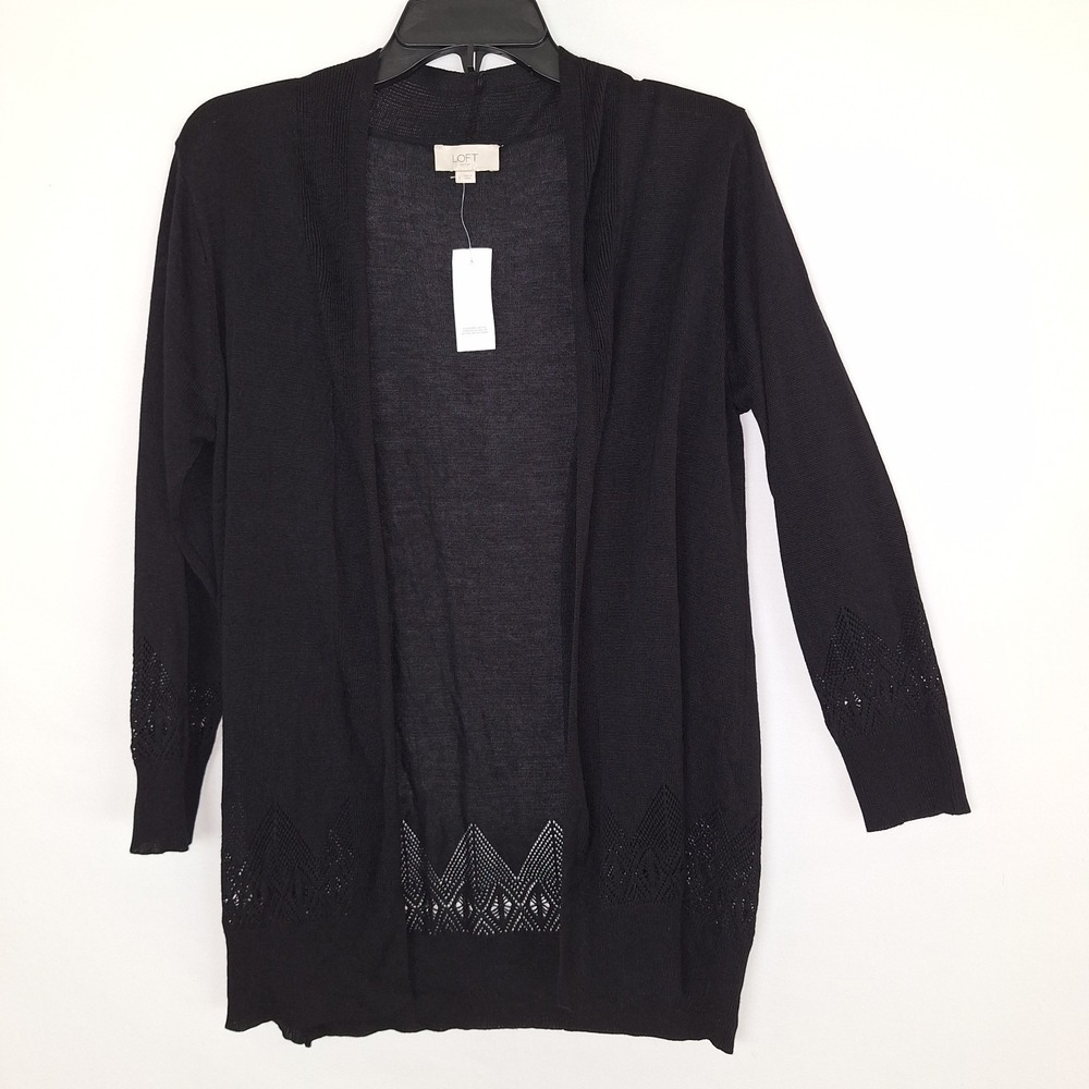 NWT LOFT Black Sheer Open-Front Women's Cardigan Lightweight Pointelle $44.99 L